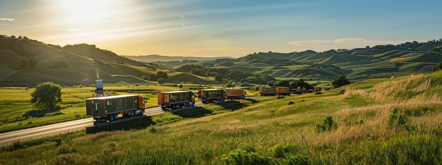 a dynamic scene captures a convoy of mobile home movers navigating a sunlit rural road, surrounded by lush greenery and open fields, showcasing their vibrant trucks in motion against a clear blue sky.