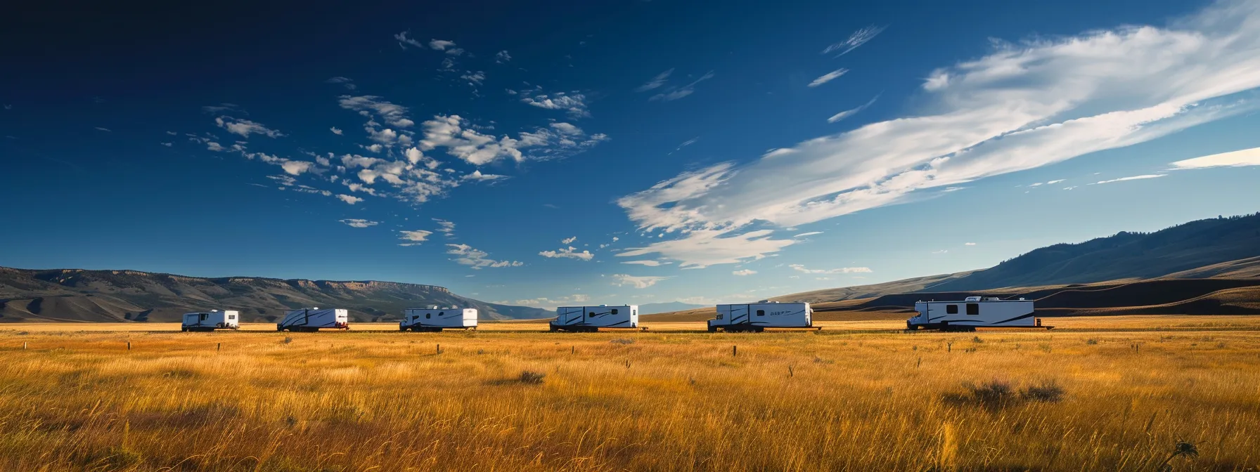 a rugged montana landscape showcases a fleet of mobile home movers navigating through expansive fields under a brilliant blue sky, highlighting the seamless integration of human ingenuity with the natural environment.