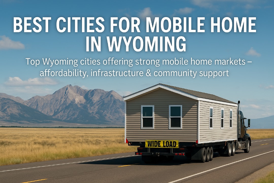 Mobile home on a wide-load truck driving through scenic Wyoming — representing top mobile home cities