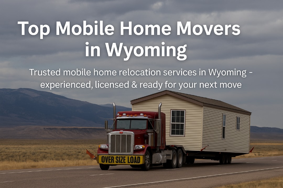 Heavy-haul truck transporting a mobile home across Wyoming landscape — representing top quality moving services