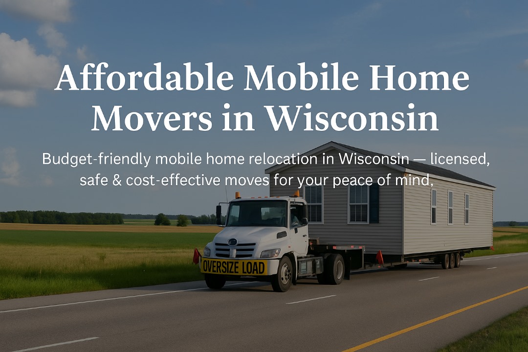 Oversize load mobile home being transported on a truck in a Wisconsin landscape — symbolizing affordable relocation