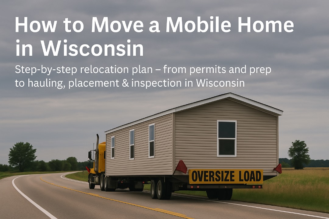 Mobile home being transported on a wide-load truck in a Wisconsin-like rural highway setting