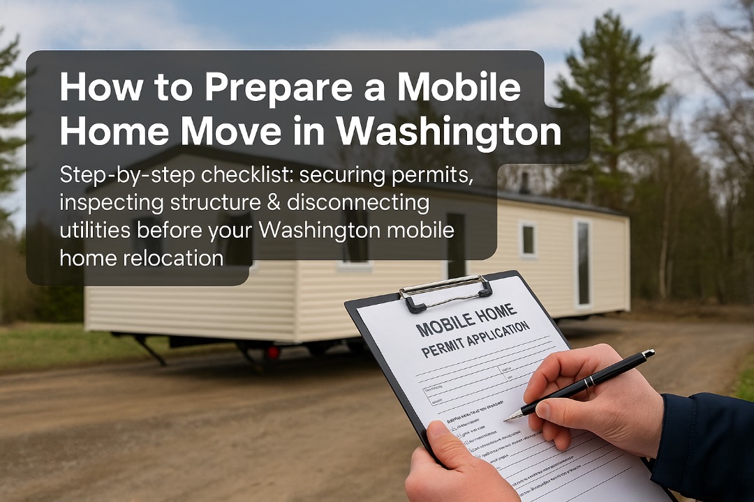 Mobile home with paperwork and permit forms in foreground, ready for relocation in Washington