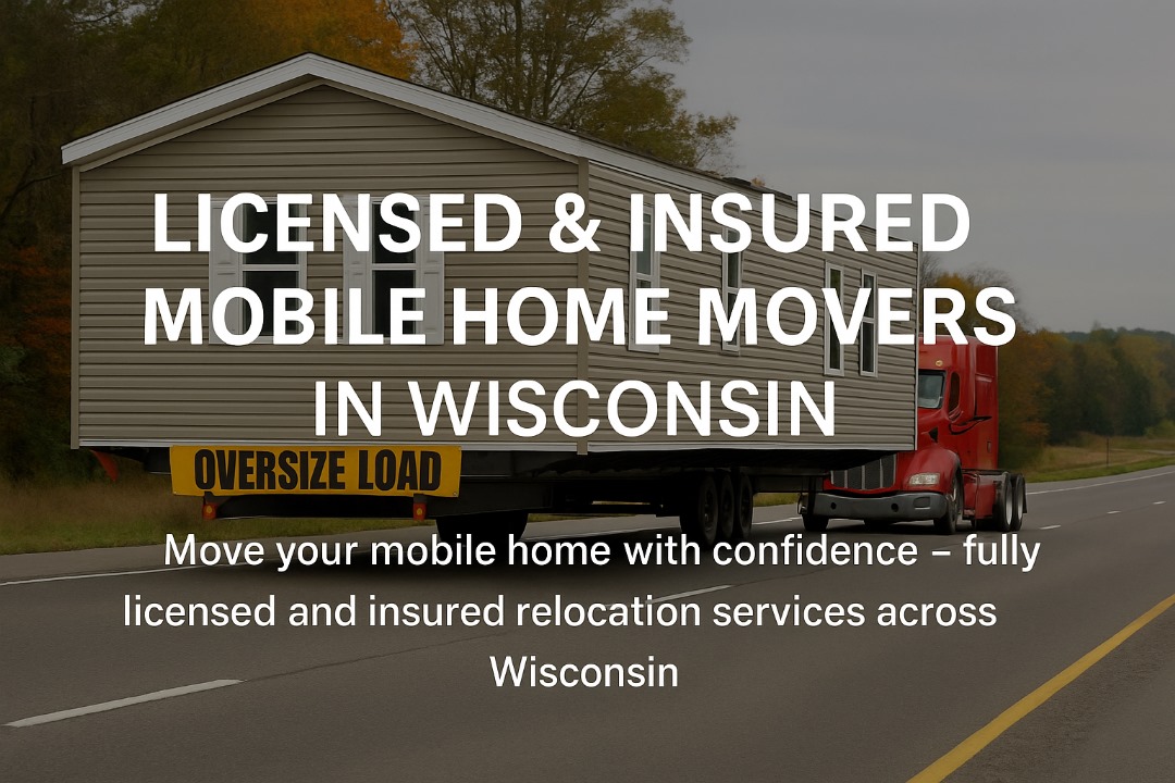 Mobile home being transported by a heavy haul truck through Wisconsin, representing licensed & insured moving