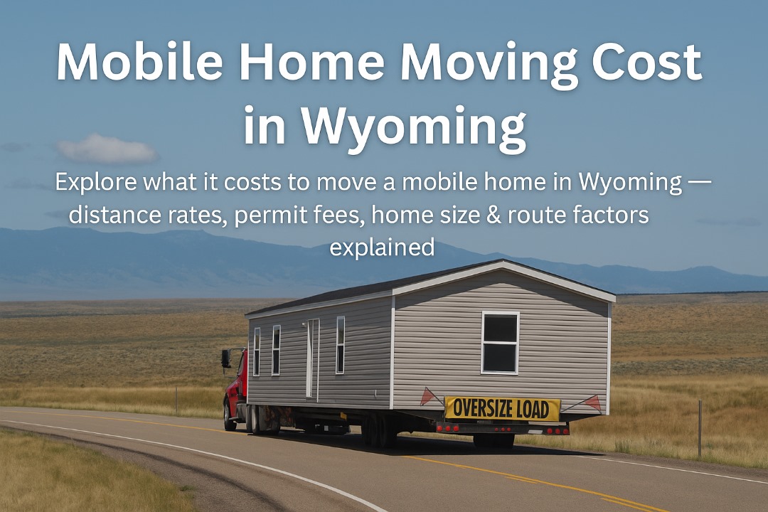 Mobile home being transported on a heavy-haul truck through Wyoming landscape
