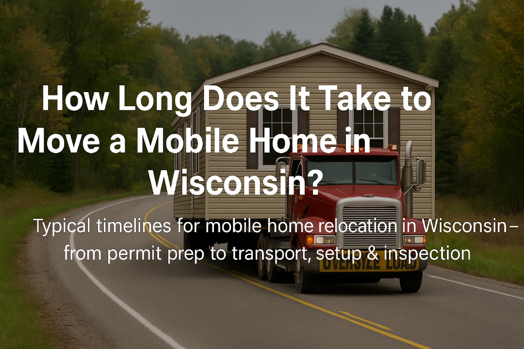 Mobile home on transport truck driving through a Wisconsin road scene, symbolizing moving duration