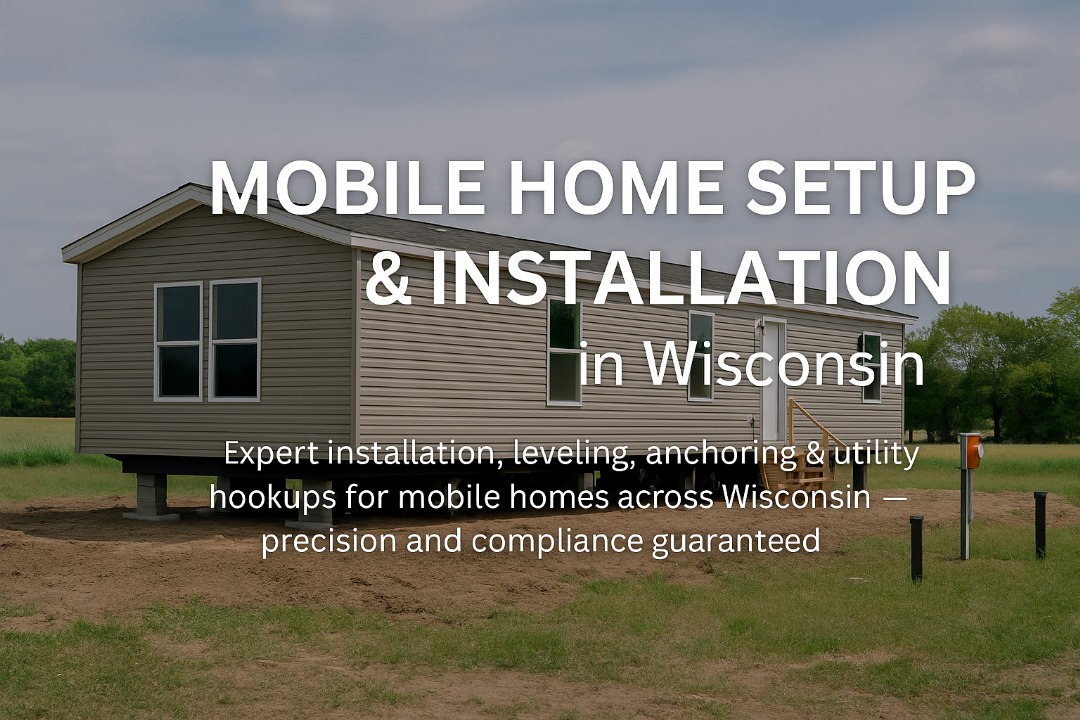 Mobile home being installed on foundation piers with leveling work and anchoring visible, in a Wisconsin setting