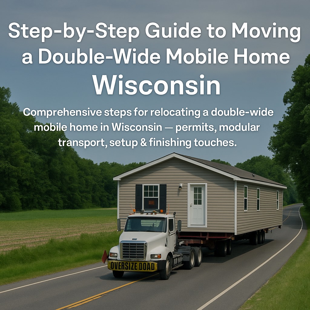 Double-wide mobile home being transported on a wide-load truck through Wisconsin countryside