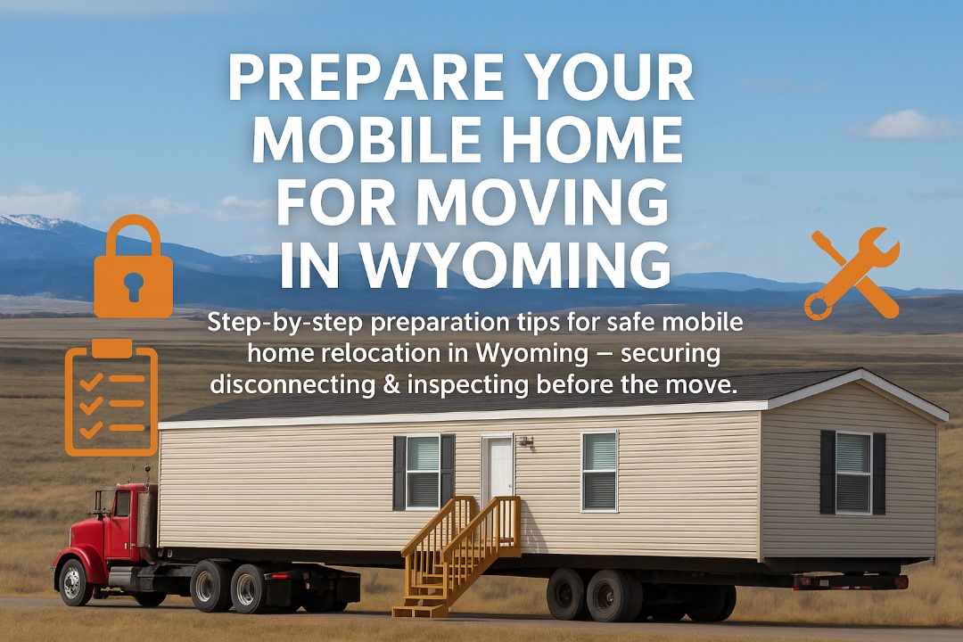 Mobile home loaded on a transport truck in Wyoming, overlaid with tools & checklist imagery indicating pre-move prep