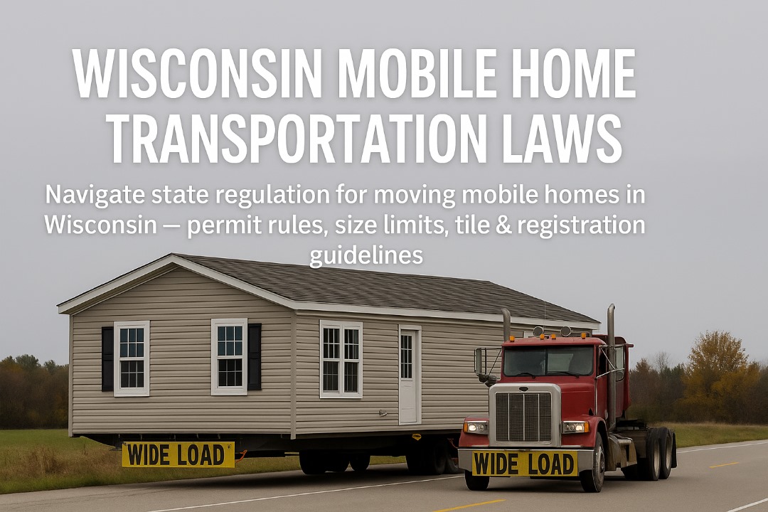Mobile home being hauled on a wide-load truck in Wisconsin under regulation compliance