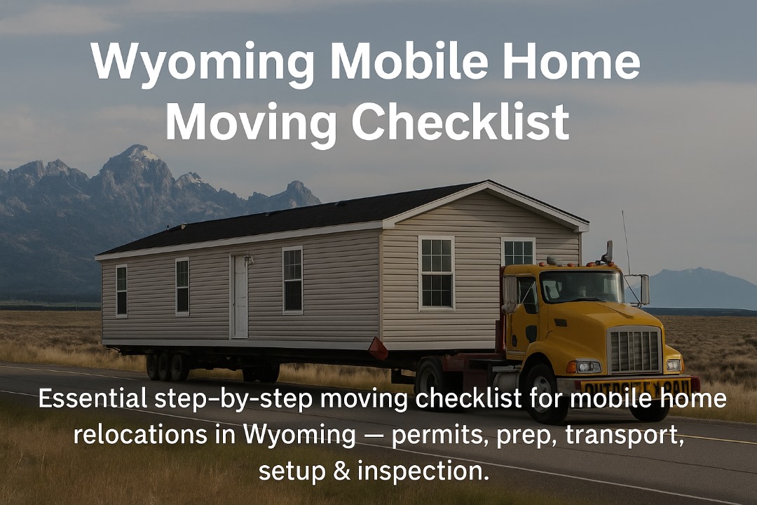 Mobile home on transport truck across Wyoming landscape, symbolizing relocation preparation