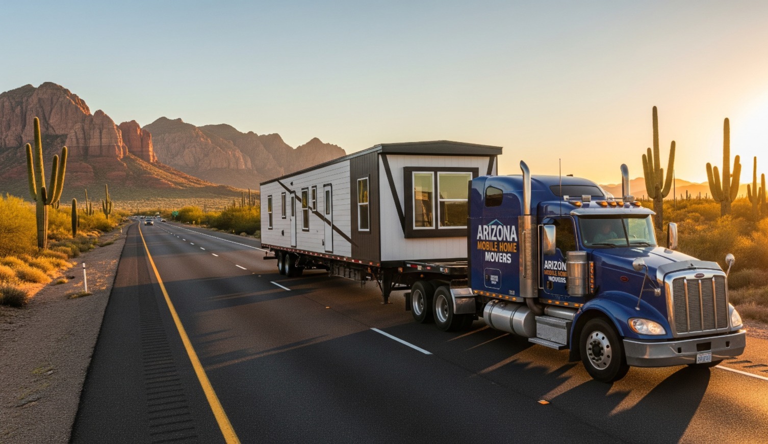 Semi-truck moving a mobile home through the Arizona desert