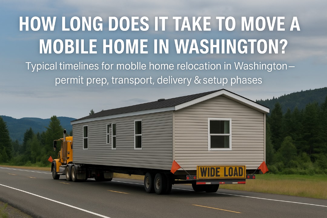Mobile home being transported on a wide-load truck in Washington, illustrating relocation timing