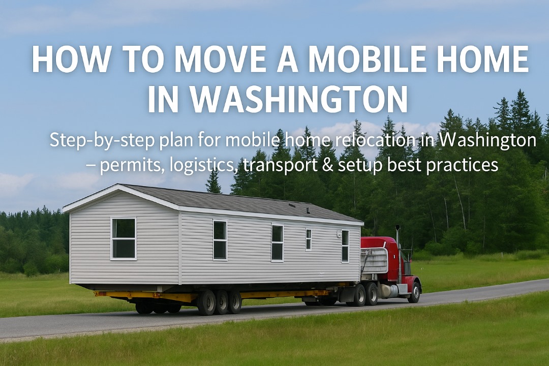 Mobile home being transported by a heavy-haul truck in Washington — illustrating the relocation process