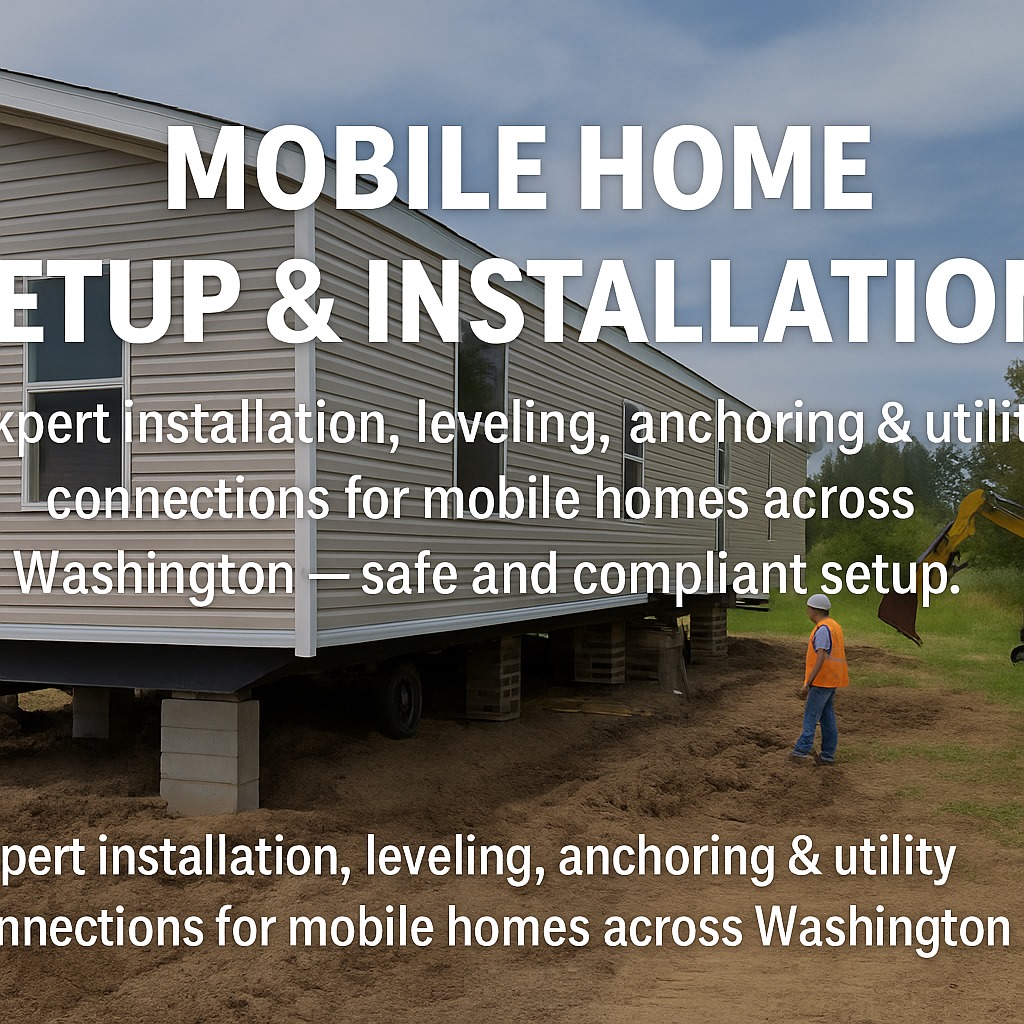 Mobile home being installed on a site in Washington with visible site preparation and crew
