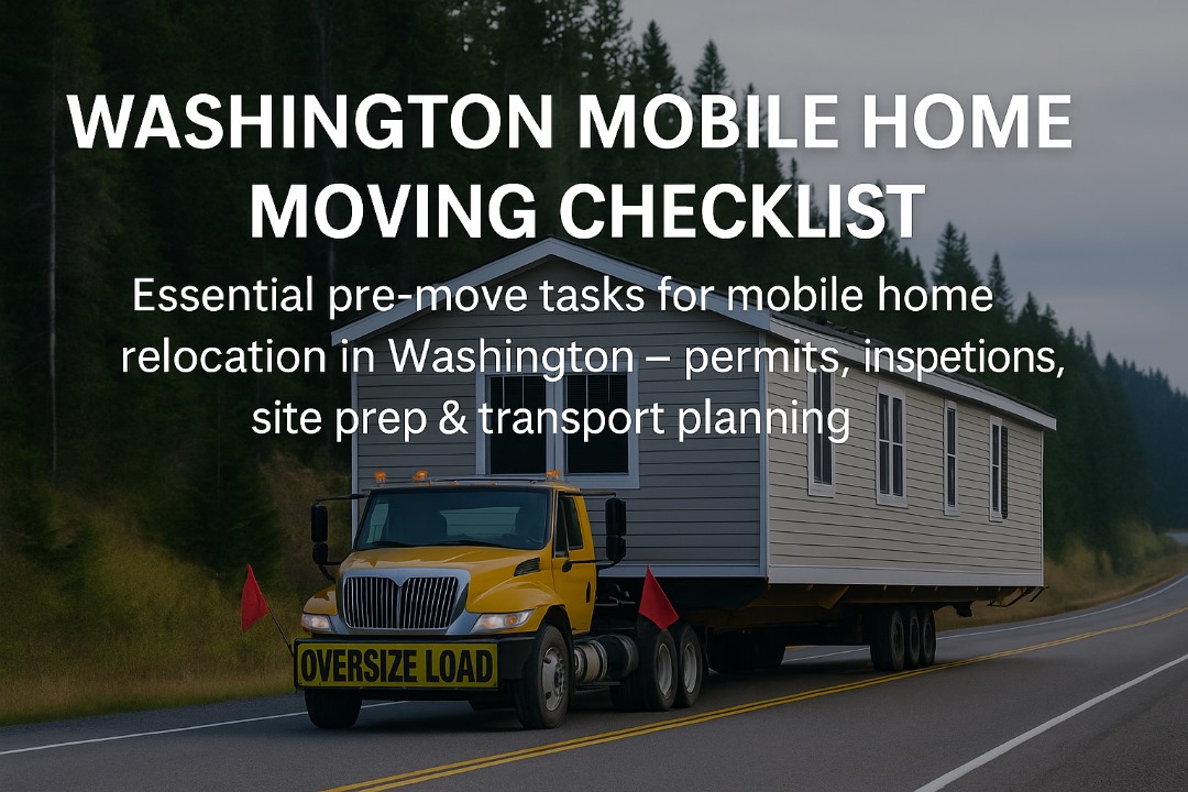Mobile home being transported on a truck in Washington — illustrating a moving checklist