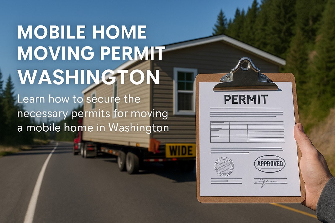 Mobile home on a wide-load truck in Washington with a hand holding permit paperwork on a clipboard in foreground, showing legal compliance